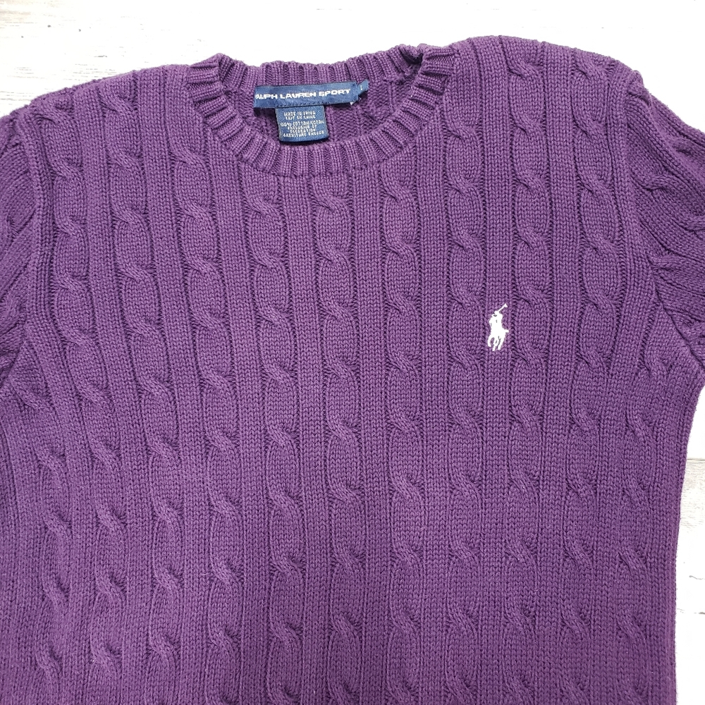 Polo Ralph Lauren Sport Cable Knit Logo Crewneck Sweater Large Purple Old Money - Picture 8 of 14